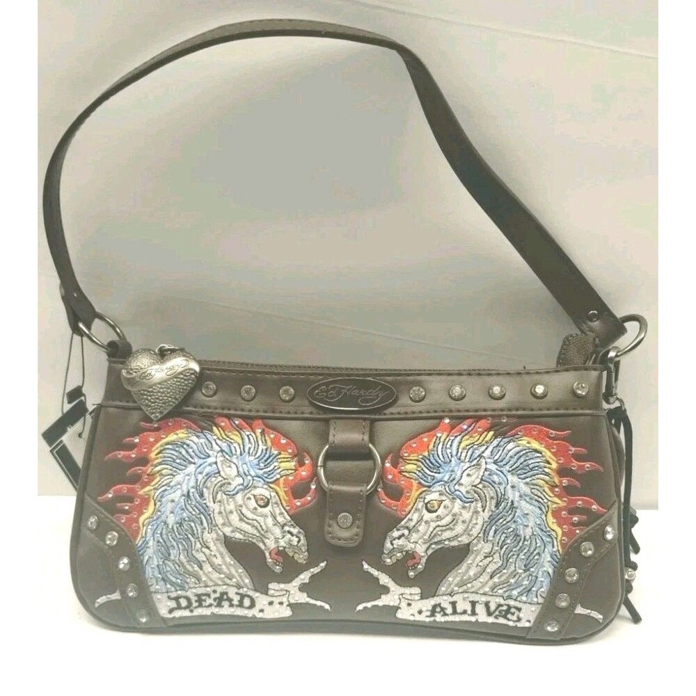 NWT Ed Hardy Shoulder Bag - Brown- Sparkling Horses - Rhinestone Studs